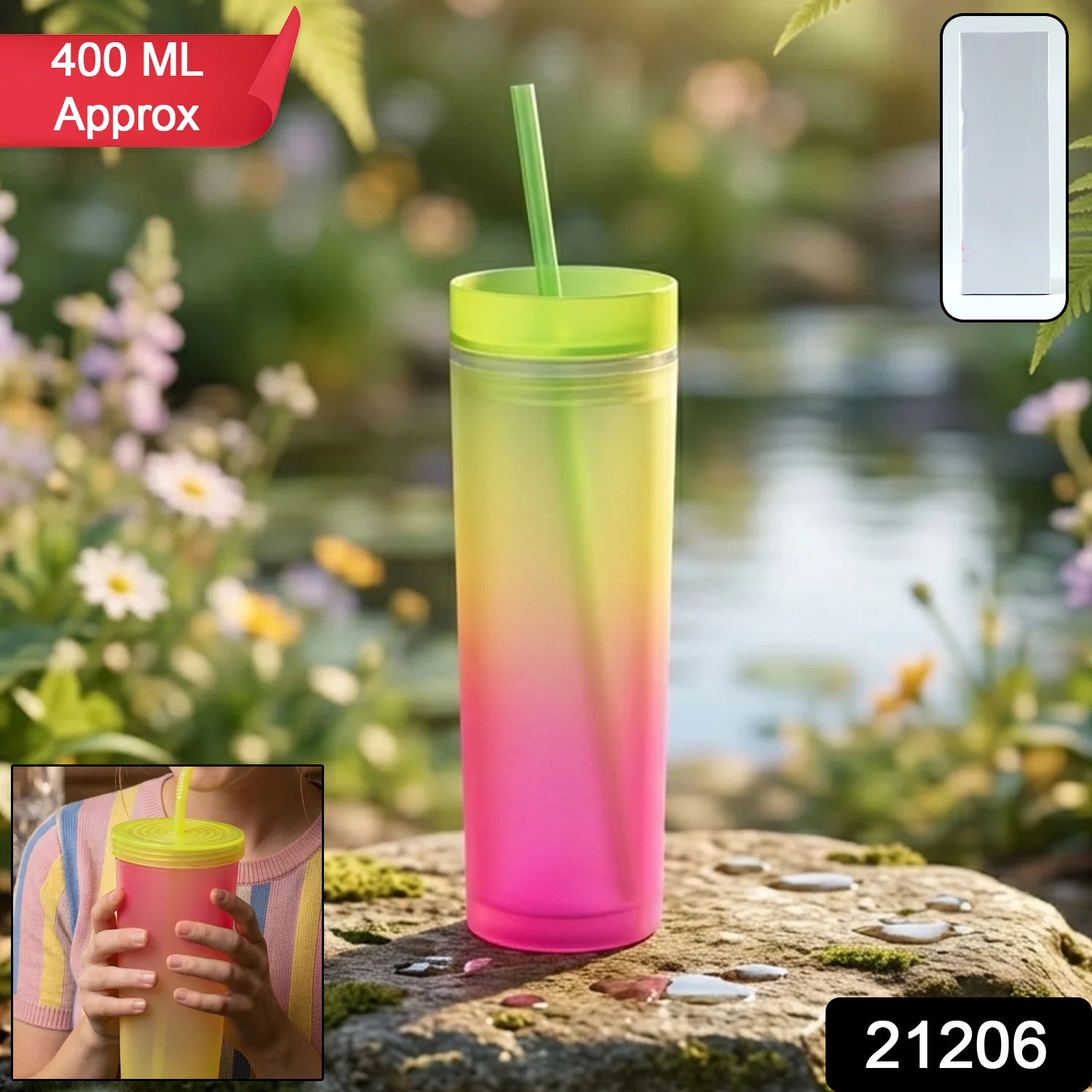 Gradient Plastic Drinking Tumbler Cup with Lid and Straw 400 ML Approx - Image 2