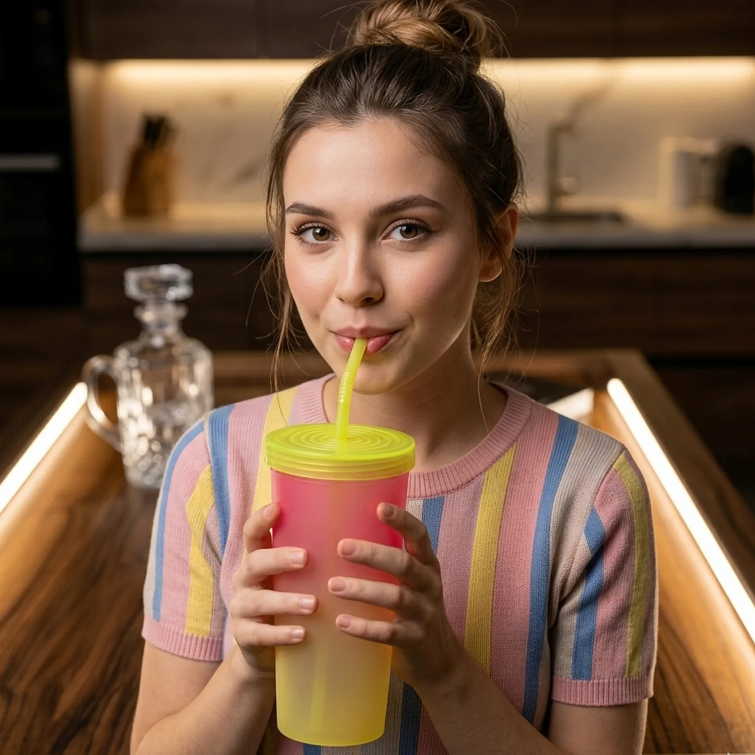 Gradient Plastic Drinking Tumbler Cup with Lid and Straw 400 ML Approx - Image 3