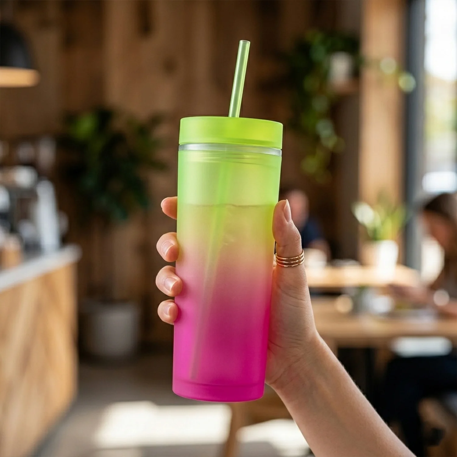Gradient Plastic Drinking Tumbler Cup with Lid and Straw 400 ML Approx - Image 5