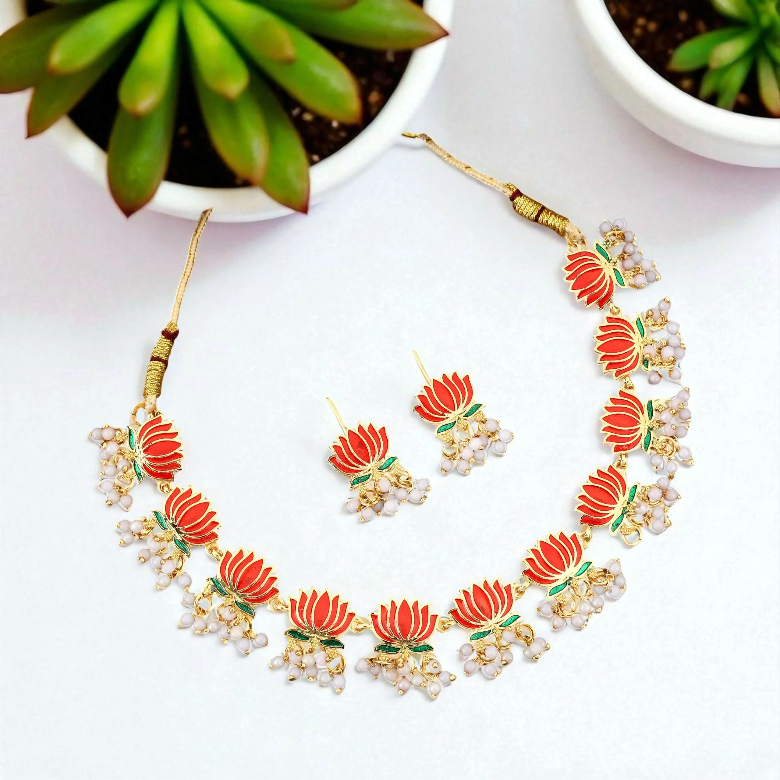 Grand Gold-Toned American Diamond Lotus Necklace Set - Image 3