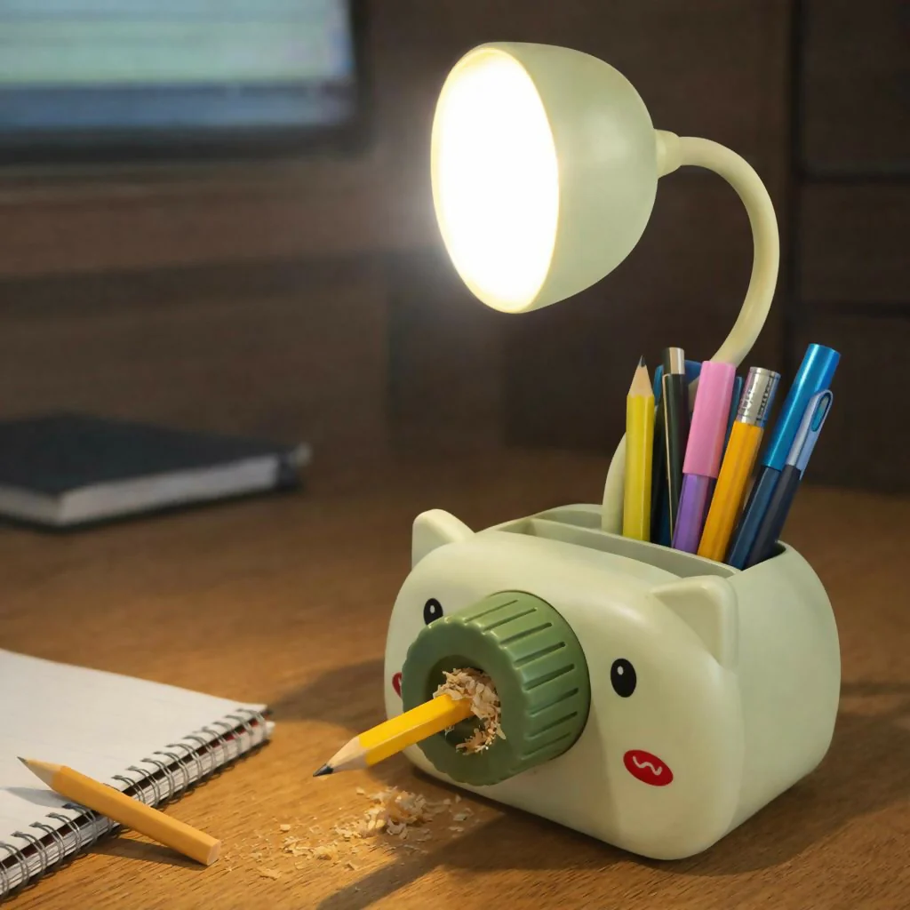 Green Kids Desk Lamp with Pencil Sharpener and Pen Holder Study Table Light - Image 2