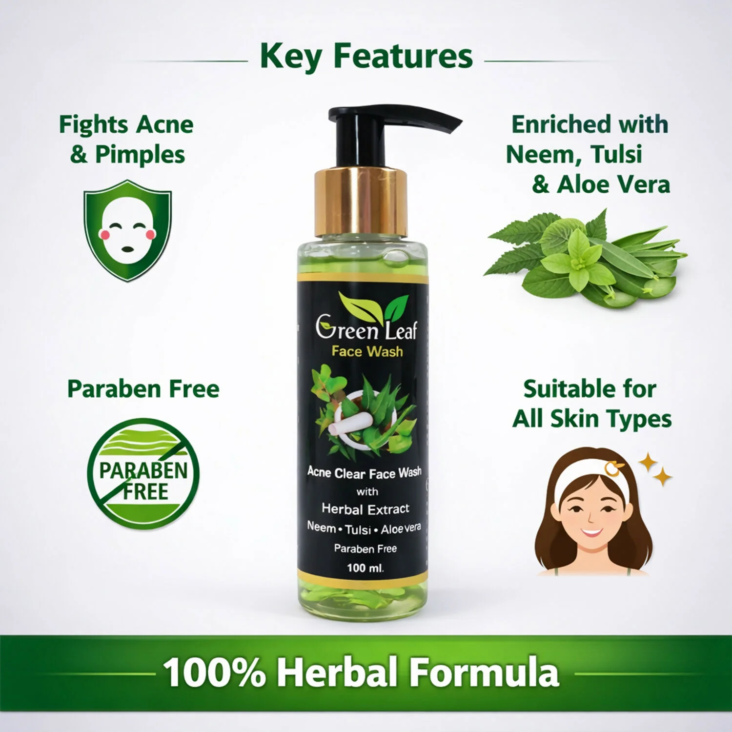 Acne Clear Face Wash – Neem, Tulsi & Aloe Vera Herbal Formula ( 100 Ml) - Image 3