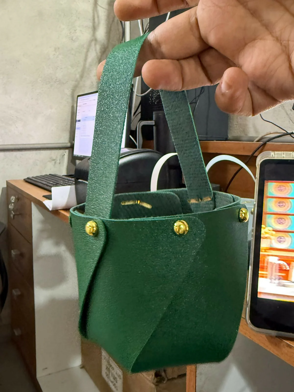 Green Mini Bucket Style Handbag with Handle and Stud Detail - Image 6
