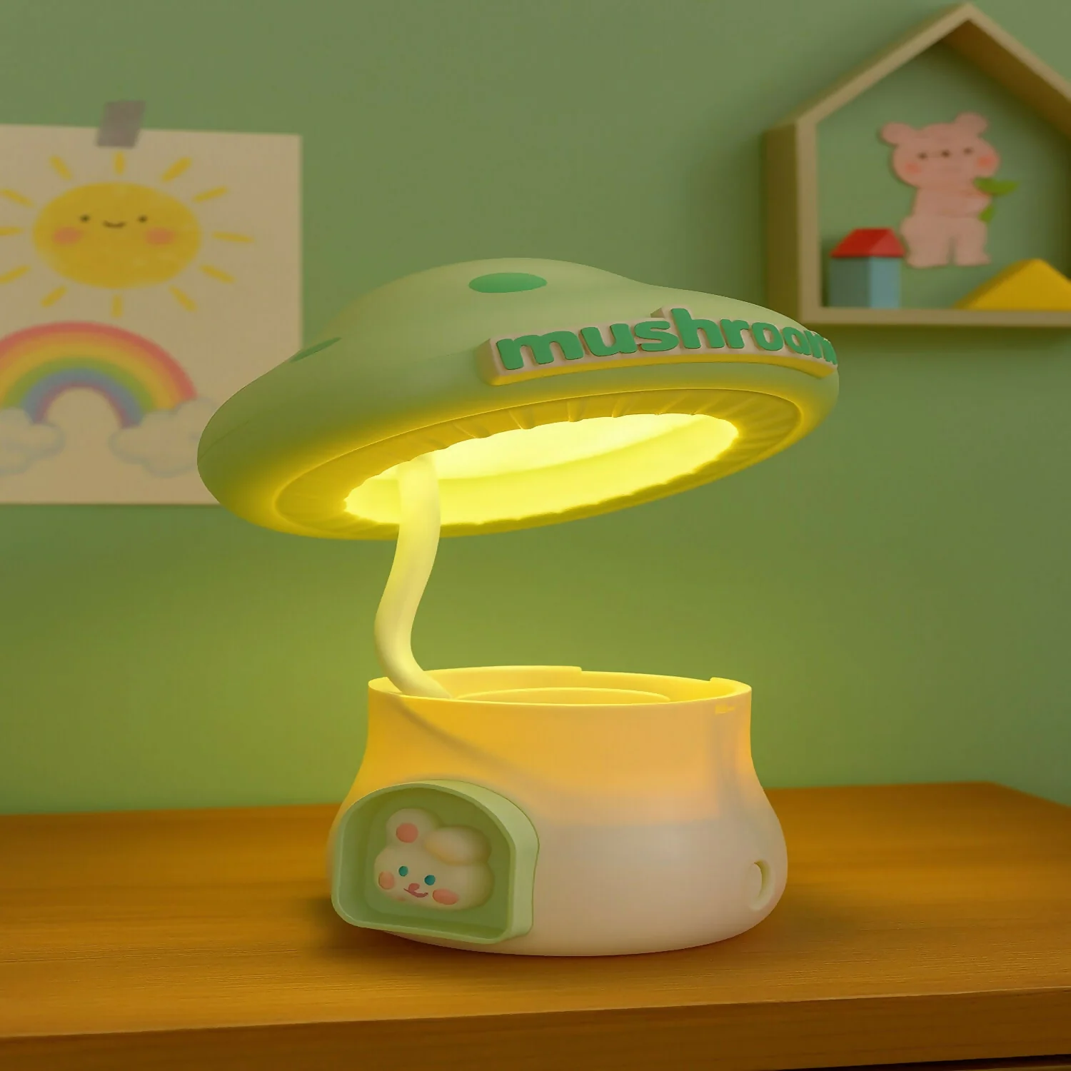 Green Mushroom Table Lamp with Pencil Sharpener & USB Charging - Image 4