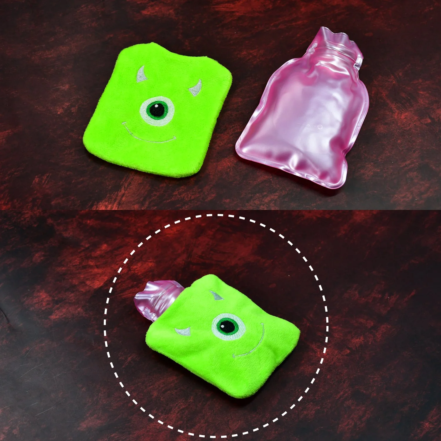 Green One-Eyed Monster Print Small Hot Water Bag with Cover for Pain Relief - Image 4