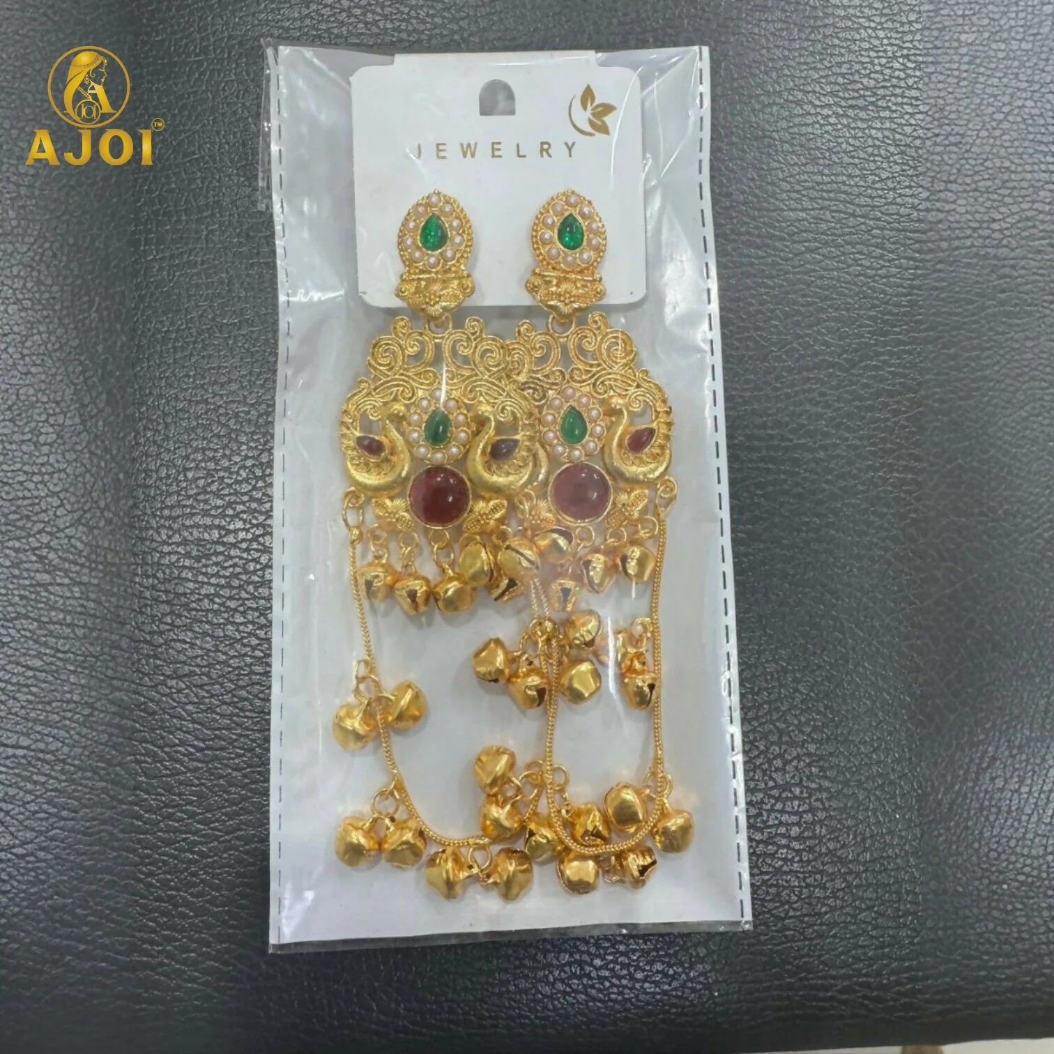 Green & Ruby Stone Kashmiri Traditional Gold-Plated Ghungroo Earrings For Women And Girls. - Image 6