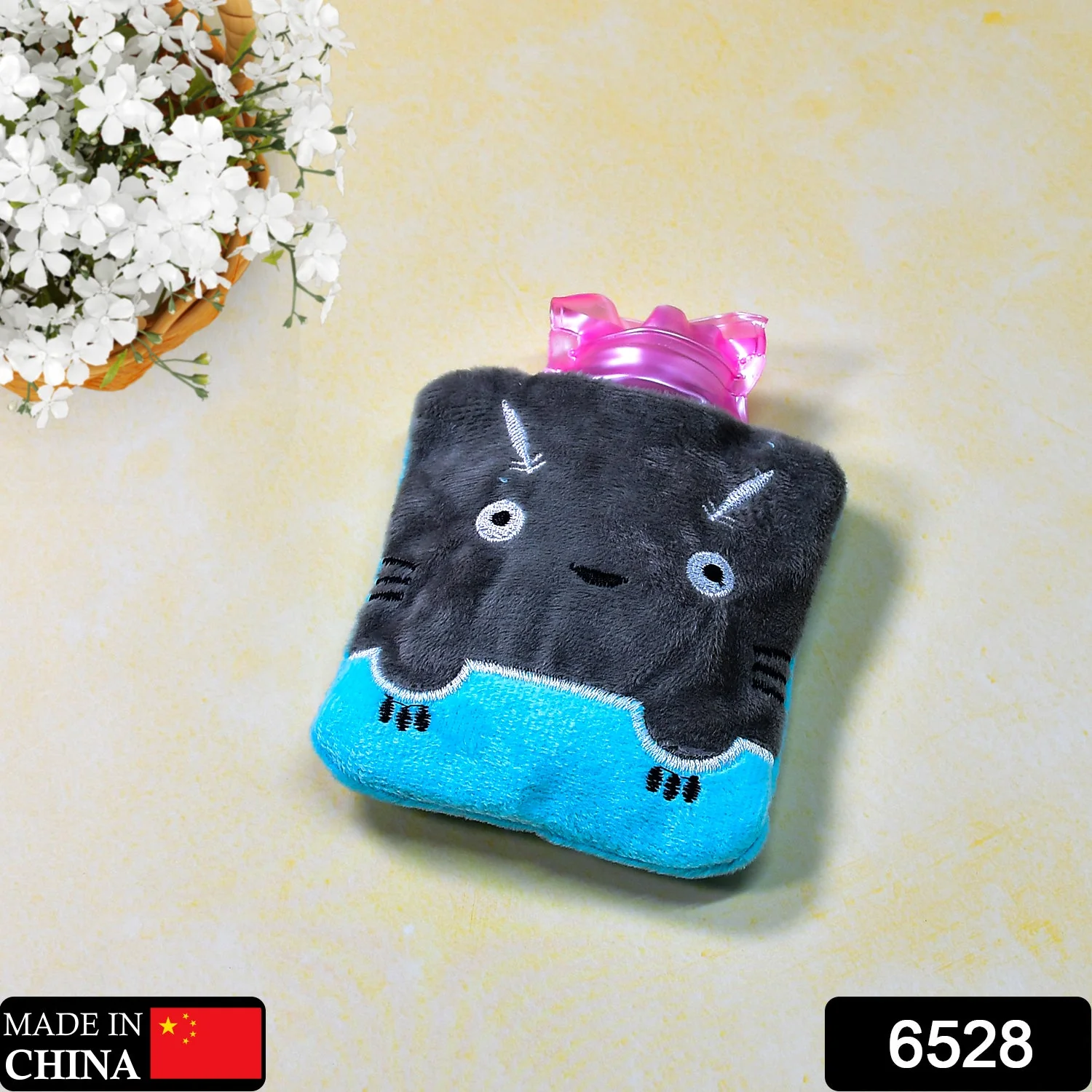 Grey Cat Print Small Hot Water Bag with Cover for Pain Relief - Image 2