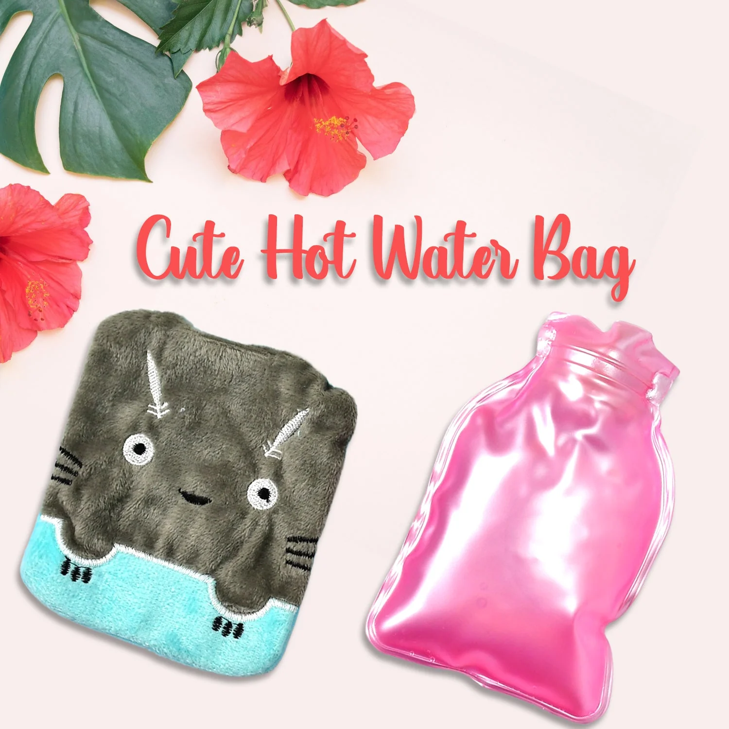 Grey Cat Print Small Hot Water Bag with Cover for Pain Relief - Image 3