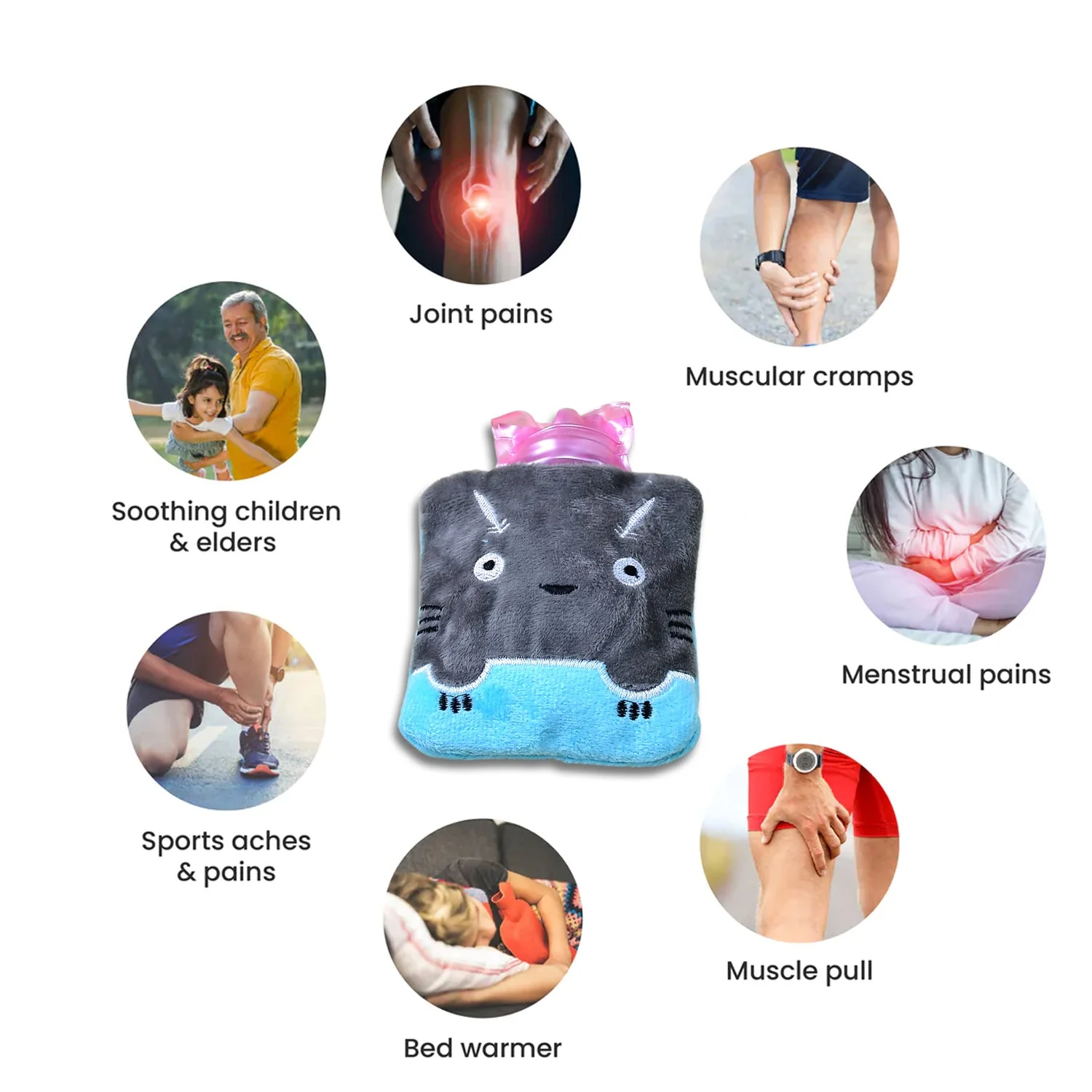 Grey Cat Print Small Hot Water Bag with Cover for Pain Relief - Image 5