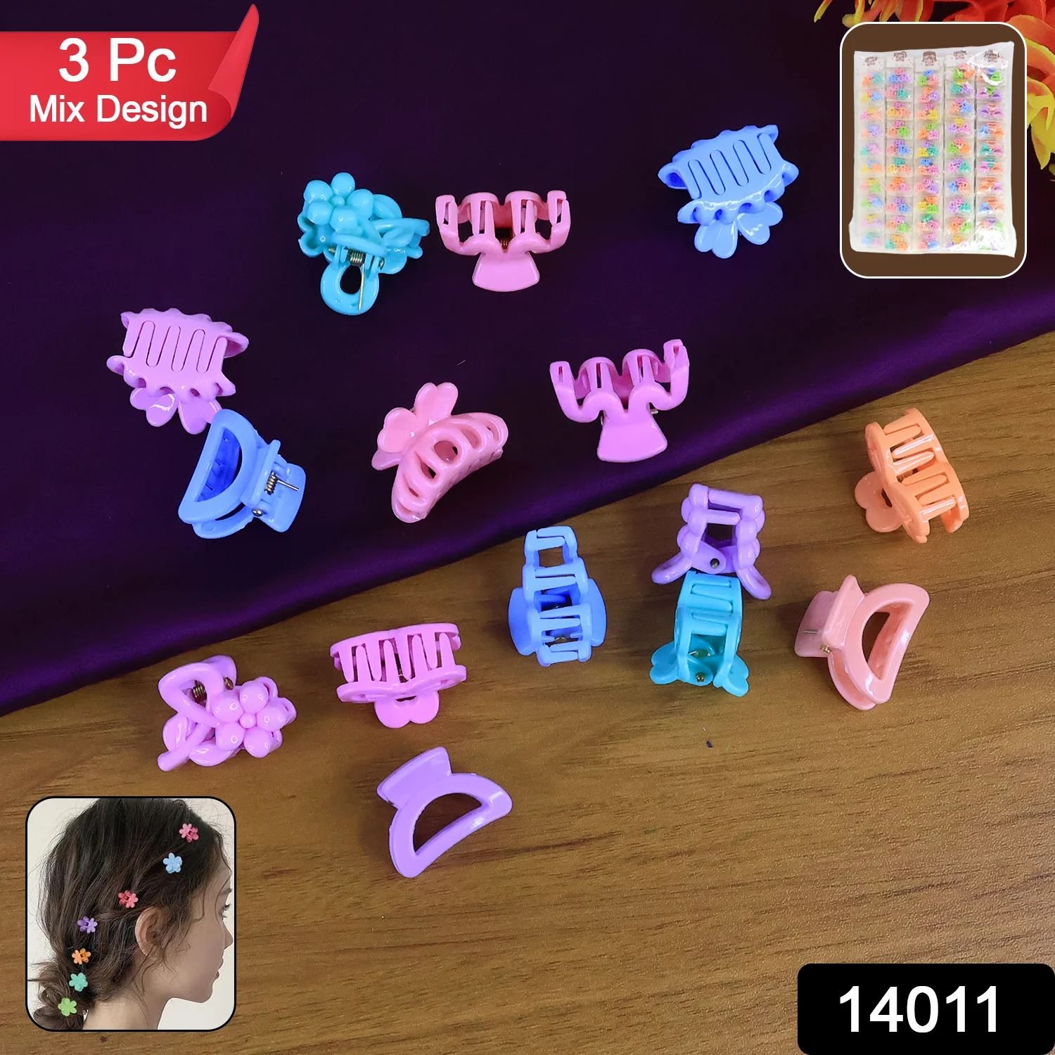 Plastic Small Hair Clips Girls Kids Hair Accessories (3 Pcs Set / Mix Color & Design) - Image 2