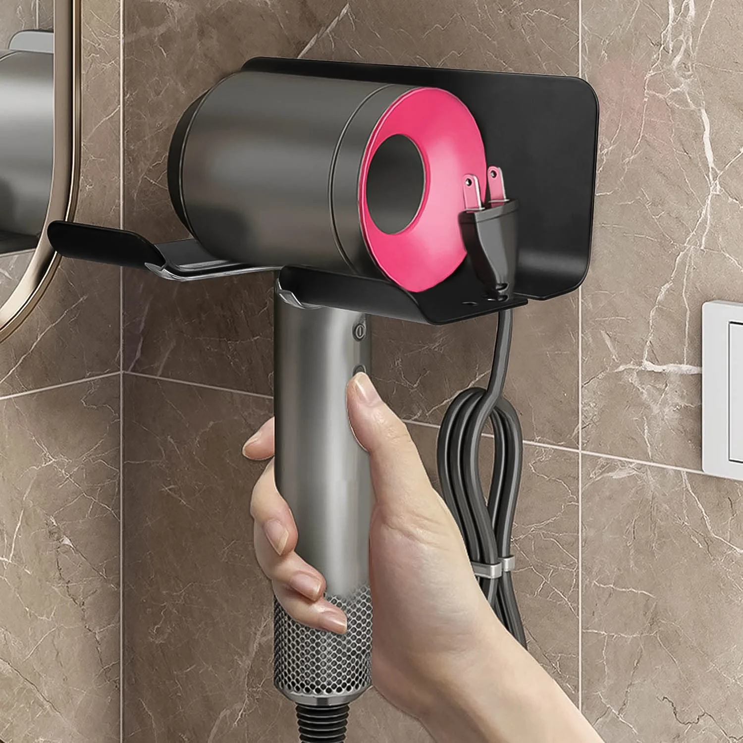Hair Dryer Holder Wall Mounted Space Plastic Drill Blow Dryer Organizer Rack - Image 3