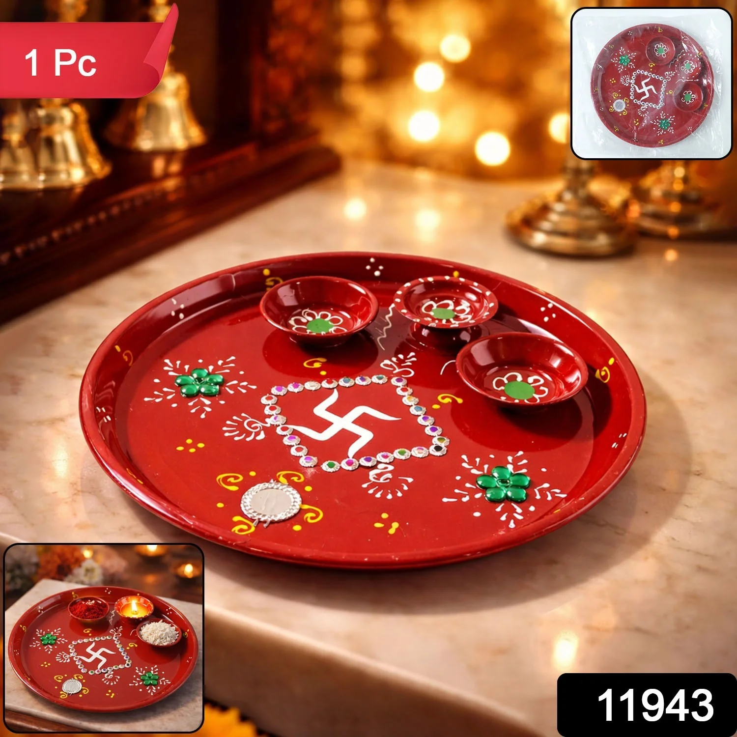 Hand-Painted Decorative Pooja Thali with Ganesha Motif and Diyas - Image 2