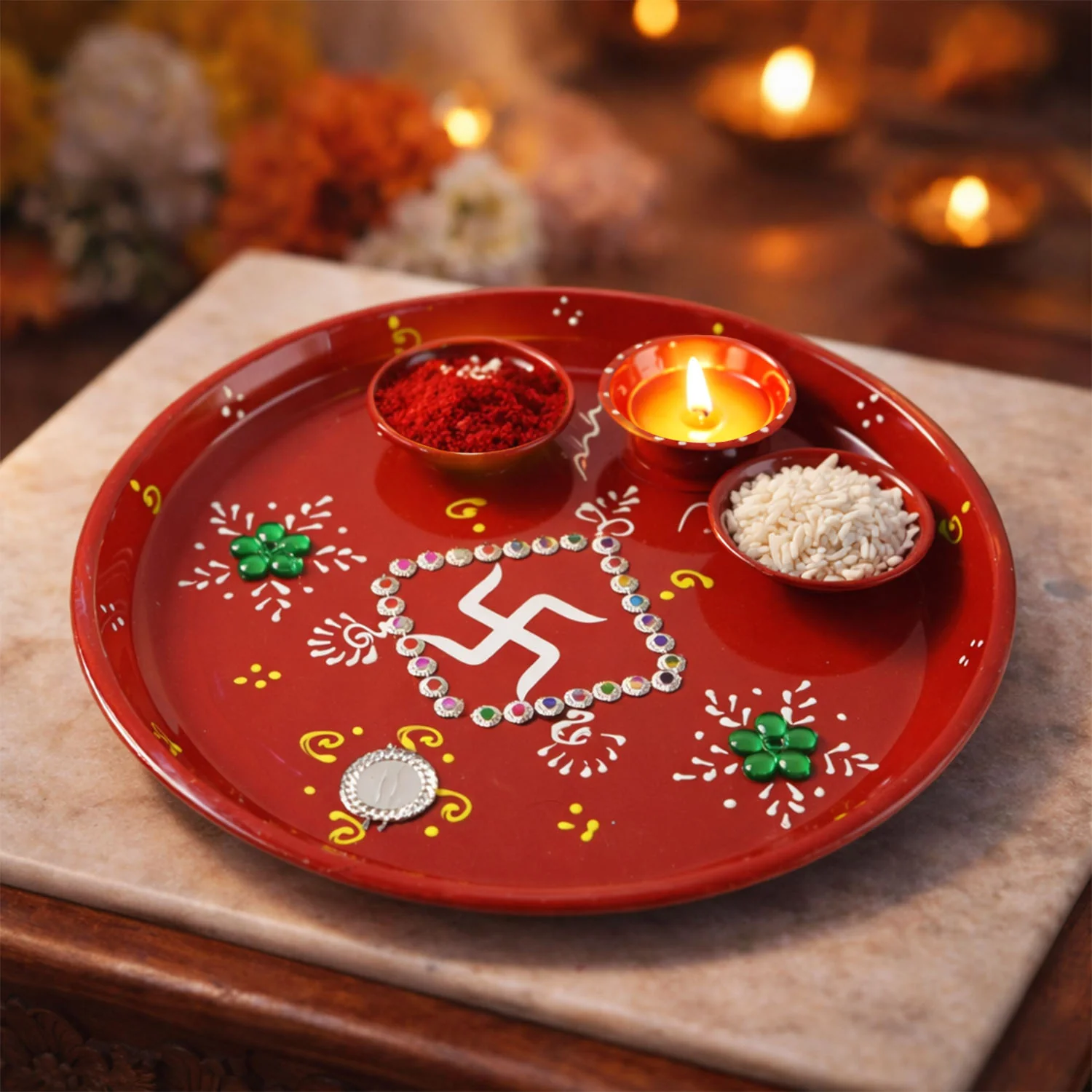 Hand-Painted Decorative Pooja Thali with Ganesha Motif and Diyas - Image 4