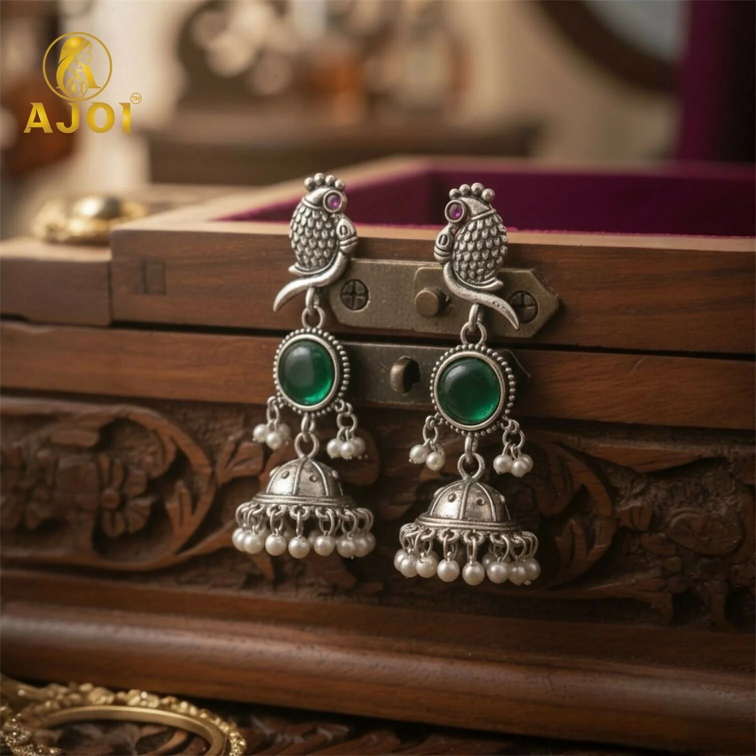 Handcrafted Antique Silver Peacock Jhumka Earrings with Emerald Green Stone & Pearl Drop Detailing - Image 2