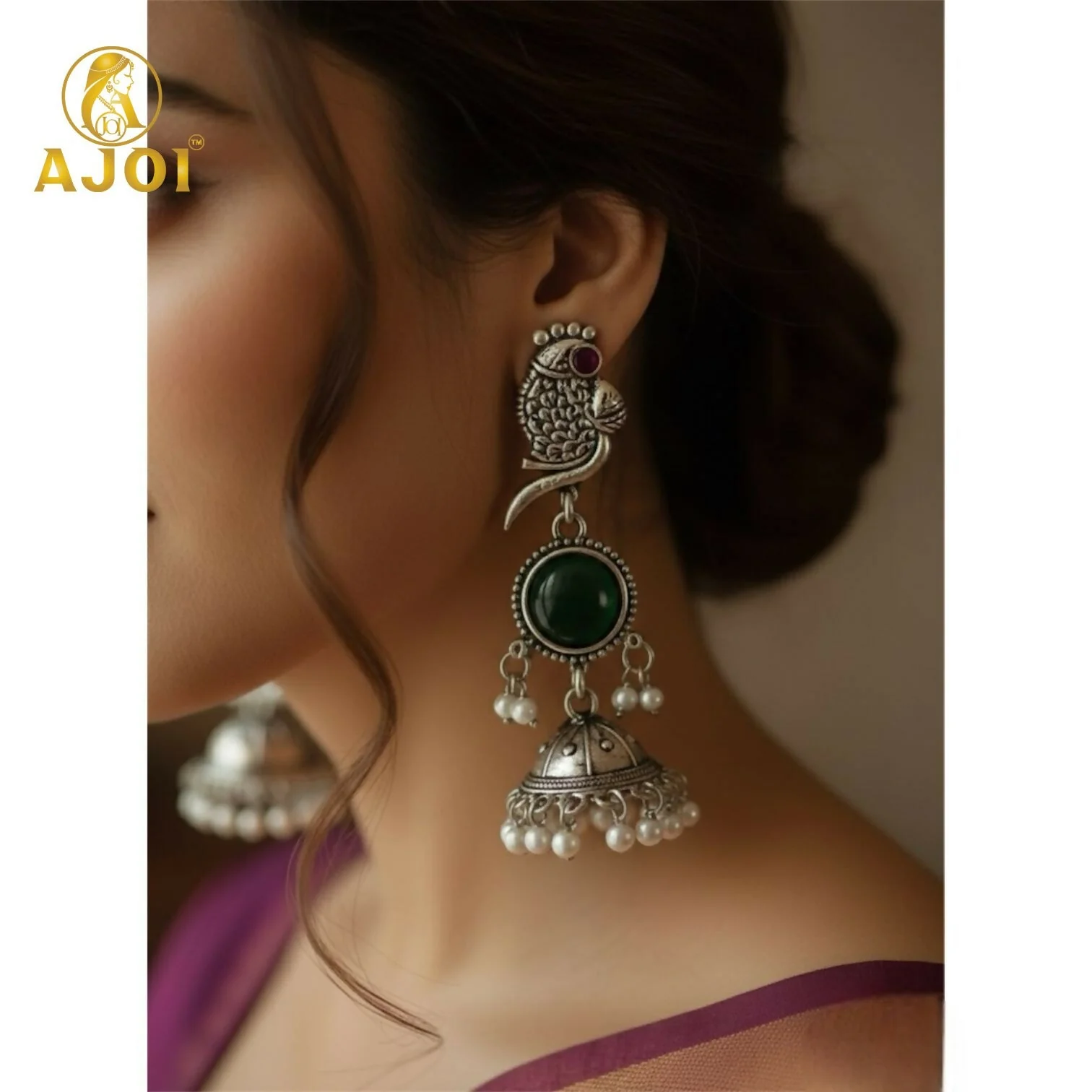 Handcrafted Antique Silver Peacock Jhumka Earrings with Emerald Green Stone & Pearl Drop Detailing - Image 3