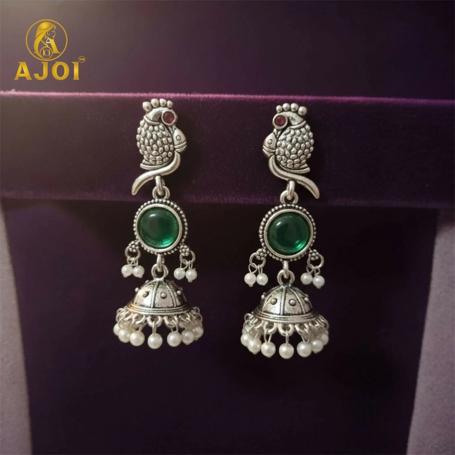 Handcrafted Antique Silver Peacock Jhumka Earrings with Emerald Green Stone & Pearl Drop Detailing - Image 4