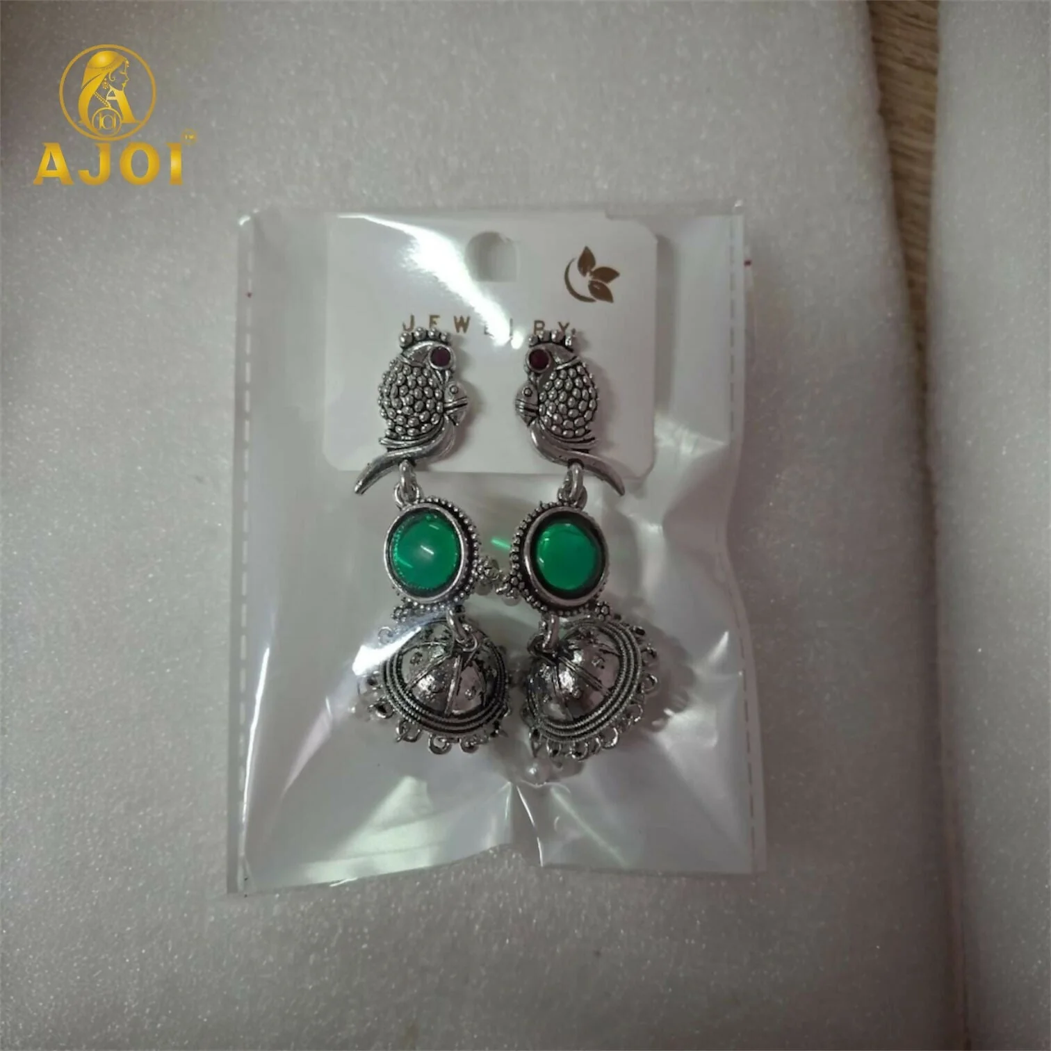 Handcrafted Antique Silver Peacock Jhumka Earrings with Emerald Green Stone & Pearl Drop Detailing - Image 5