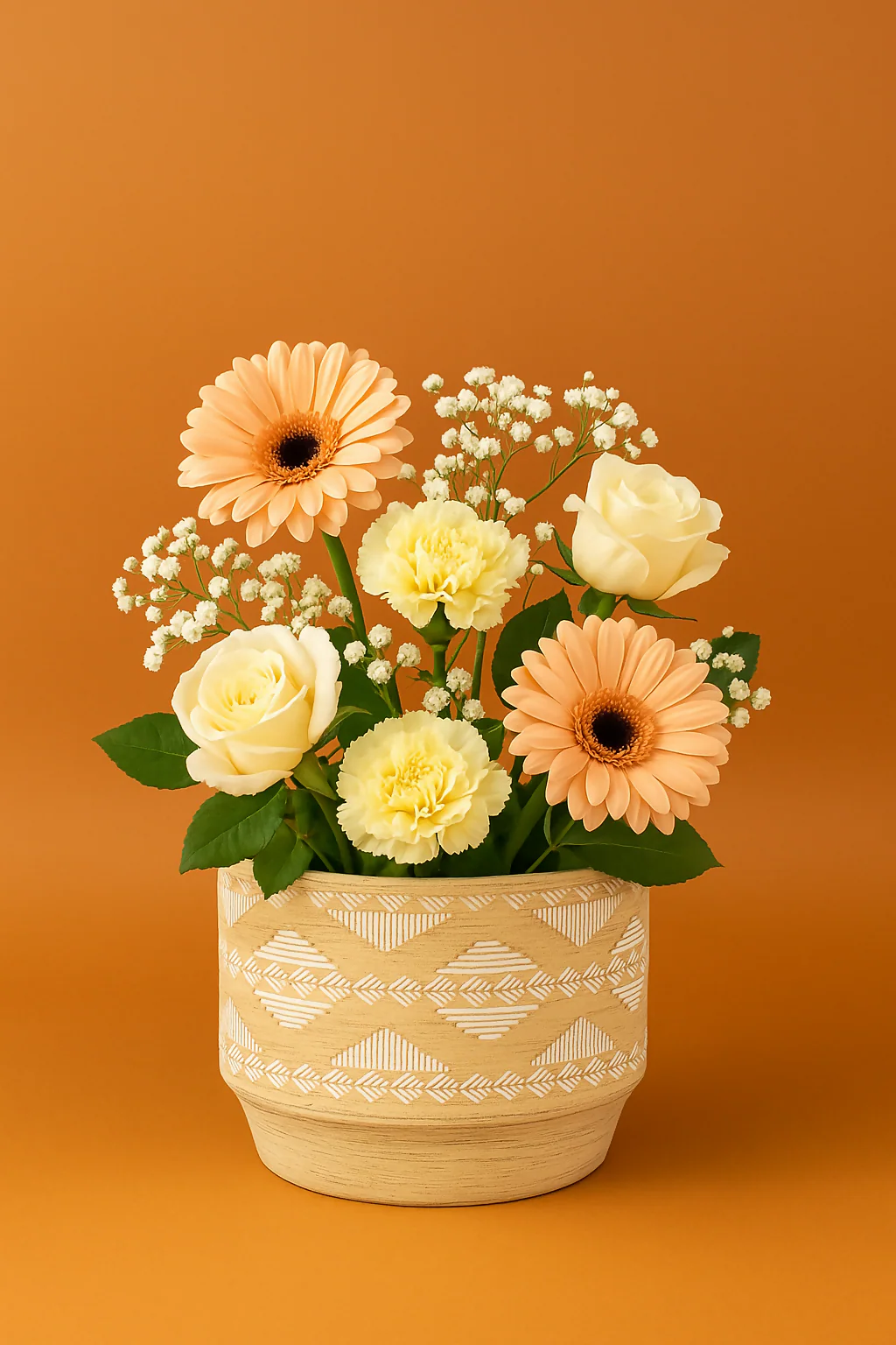 Handcrafted Beige Ceramic Planter Pot with White Tribal Pattern Boho Style Flower Pot - Image 3