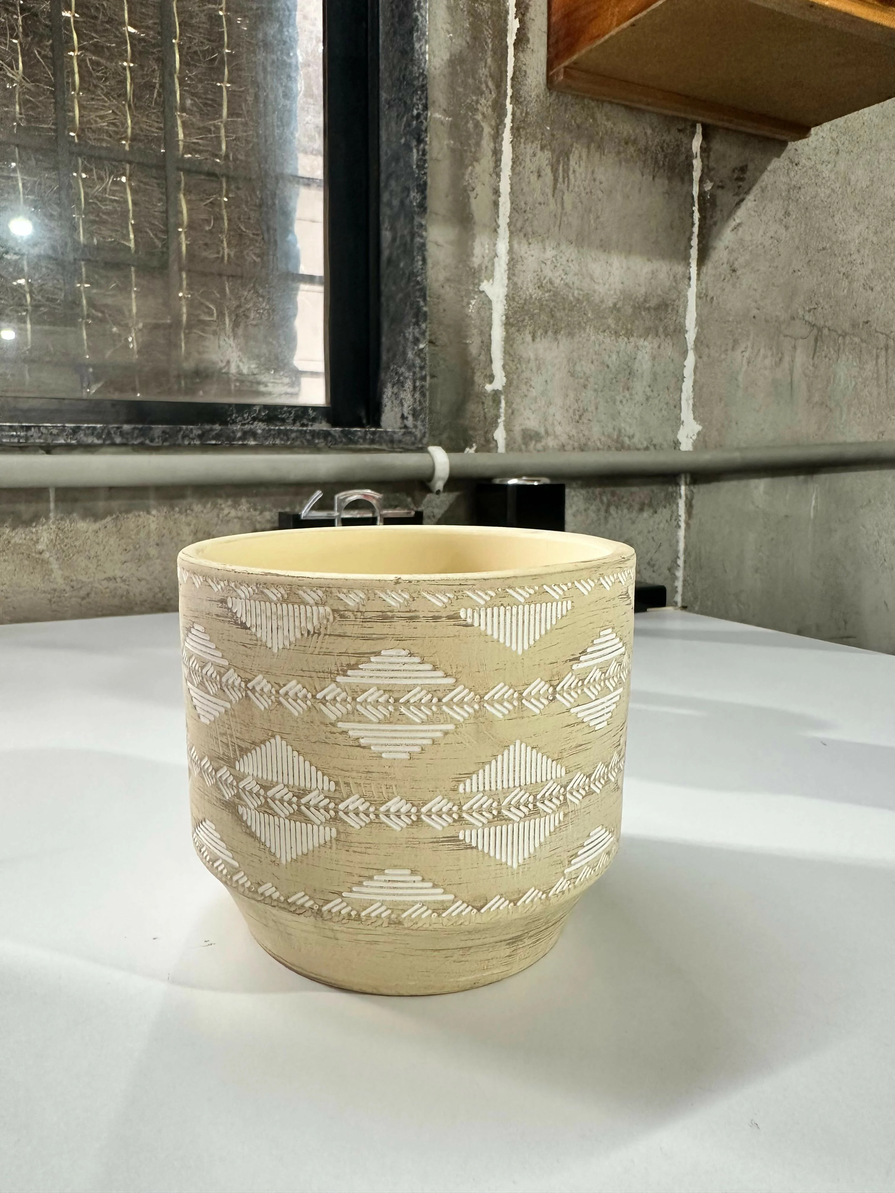 Handcrafted Beige Ceramic Planter Pot with White Tribal Pattern Boho Style Flower Pot - Image 4