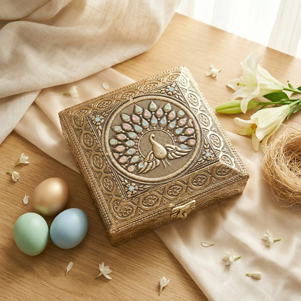 Handcrafted Brass Plated Peacock Jewellery Storage Box Decorative Gift - Image 2