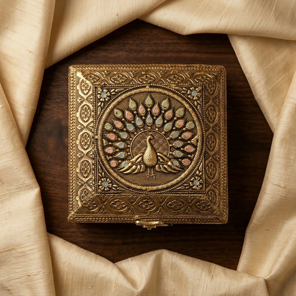 Handcrafted Brass Plated Peacock Jewellery Storage Box Decorative Gift - Image 4