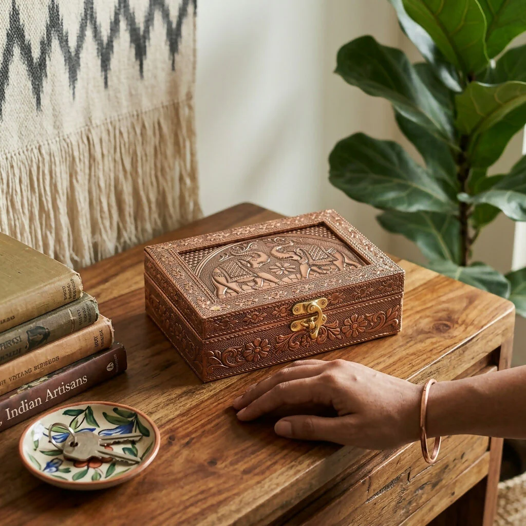 Handcrafted Copper-Finish Metal Jewelry Box with Embossed Elephant Motif - Image 2