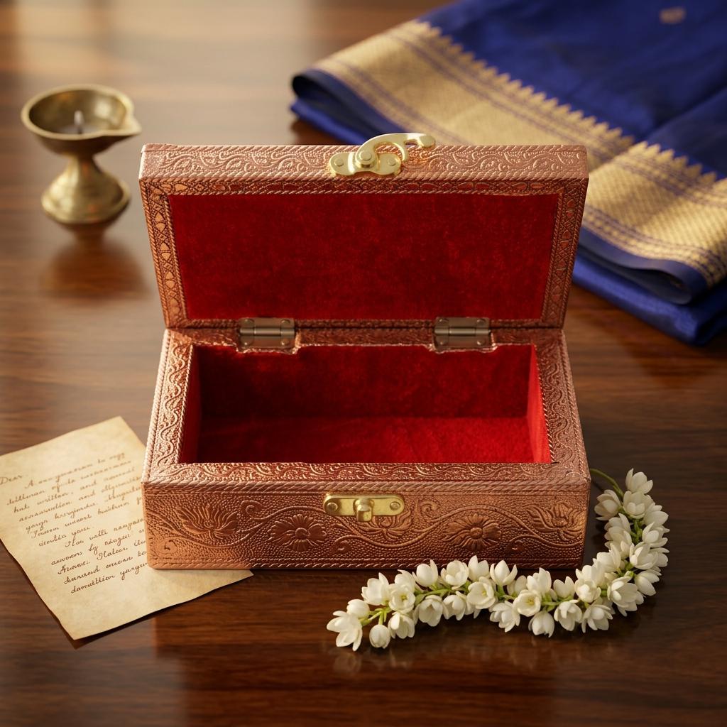 Handcrafted Copper-Finish Metal Jewelry Box with Embossed Elephant Motif - Image 3