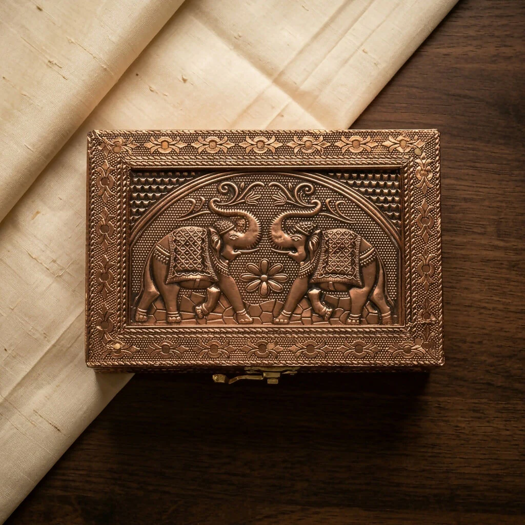 Handcrafted Copper-Finish Metal Jewelry Box with Embossed Elephant Motif - Image 4
