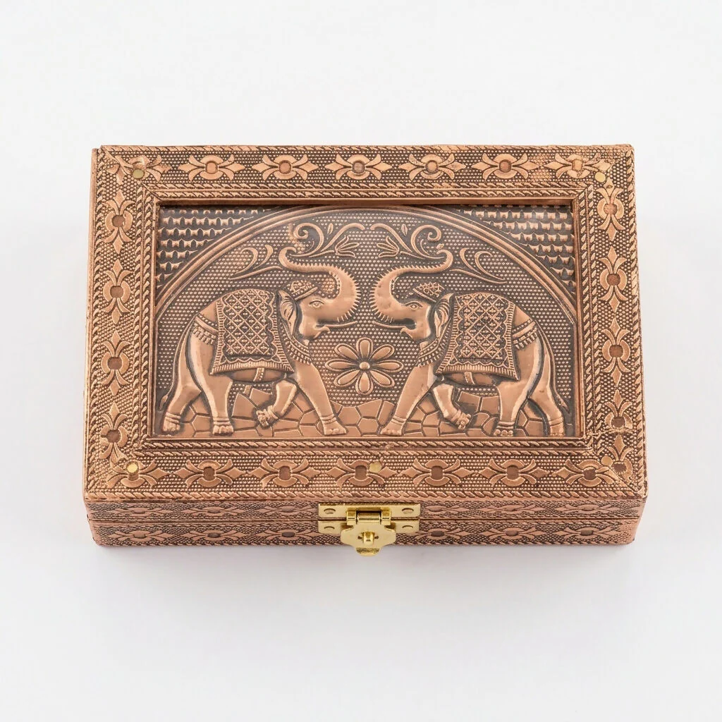 Handcrafted Copper-Finish Metal Jewelry Box with Embossed Elephant Motif - Image 5