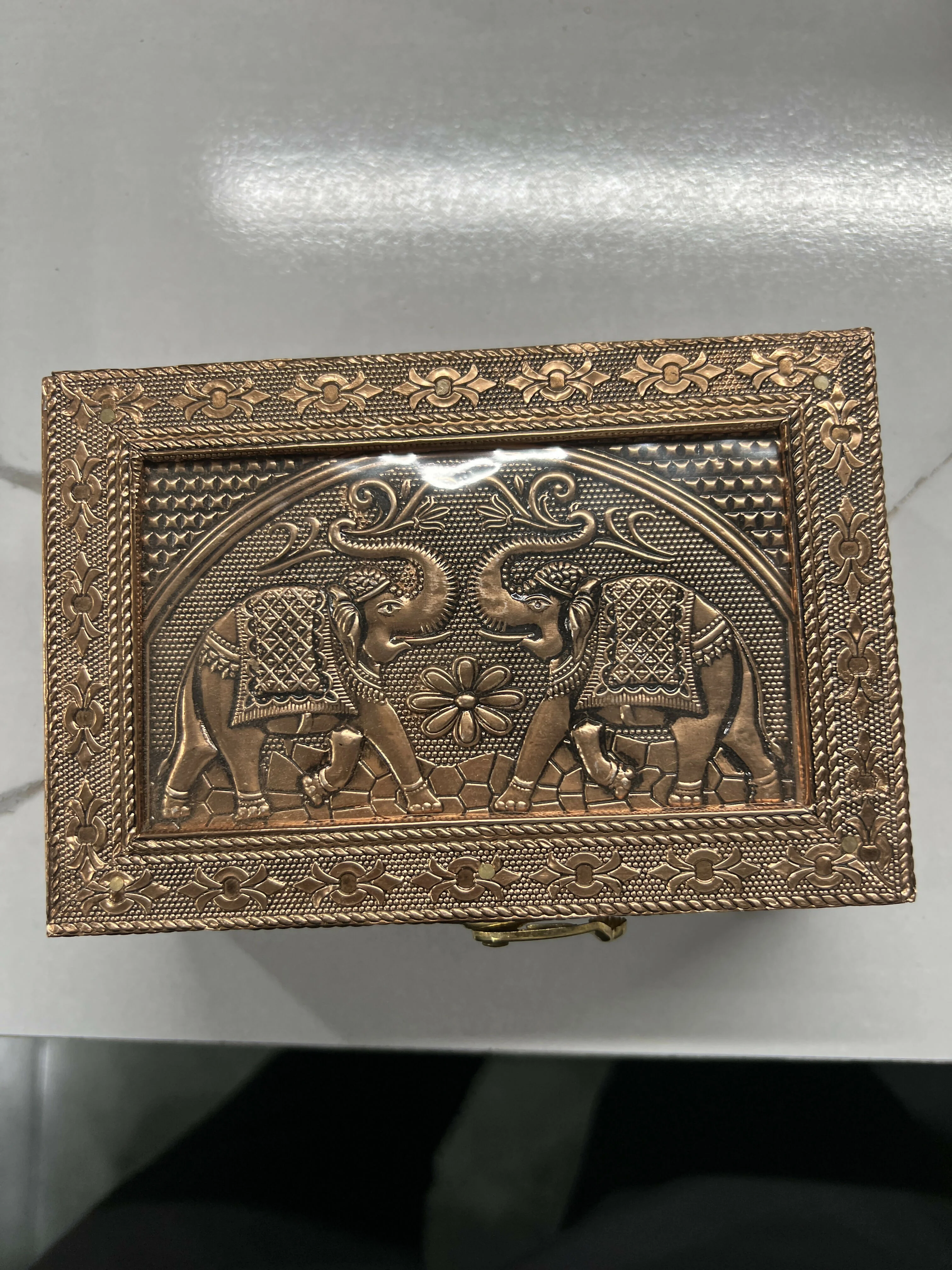 Handcrafted Copper-Finish Metal Jewelry Box with Embossed Elephant Motif - Image 6