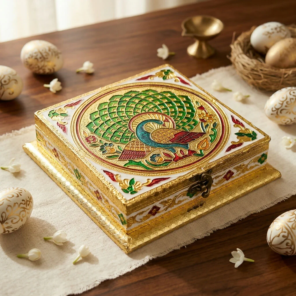 Handcrafted Elegant Peacock Design Decorative Box with Golden Accents - Image 3