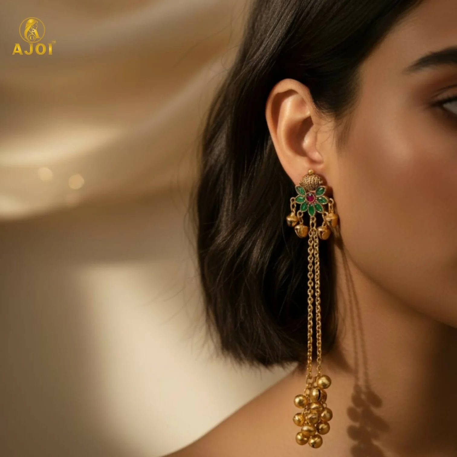 Handcrafted Floral Stud Long Drop Ghungroo Jhumki Earrings - Image 2