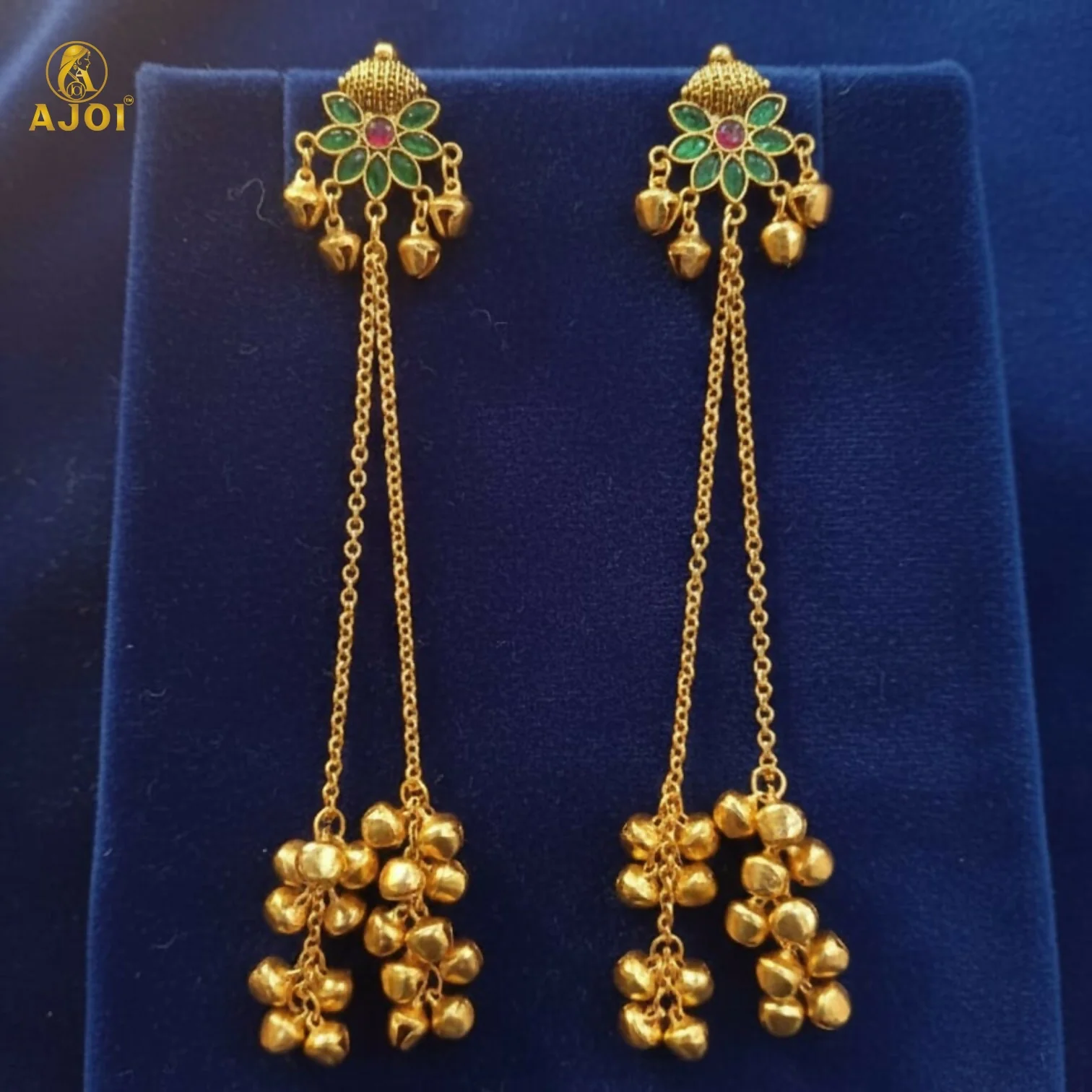 Handcrafted Floral Stud Long Drop Ghungroo Jhumki Earrings - Image 3
