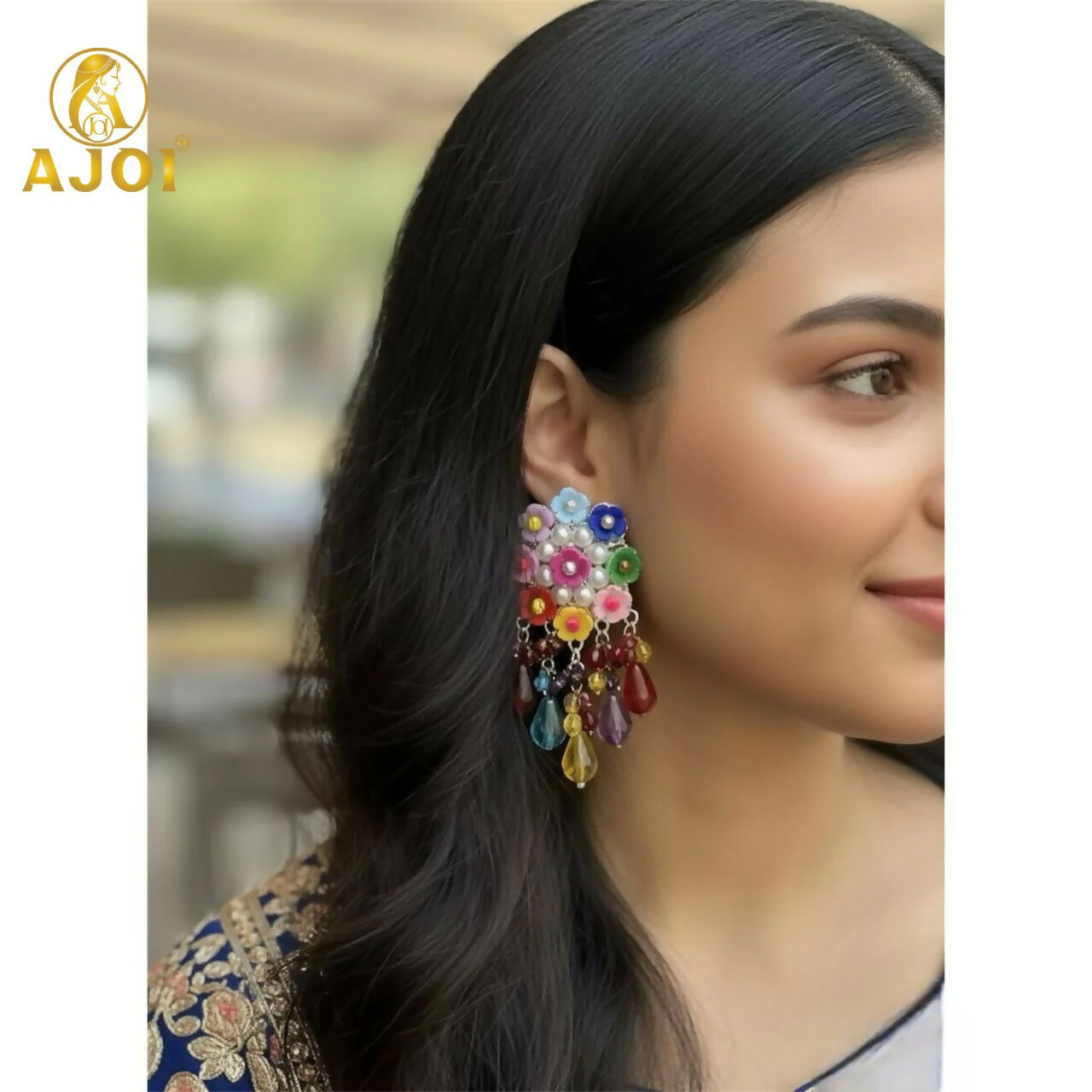 Handcrafted Flower Beads Earrings with Multicolor Crystal Drops – Cute, Vibrant & Trendy. - Image 2