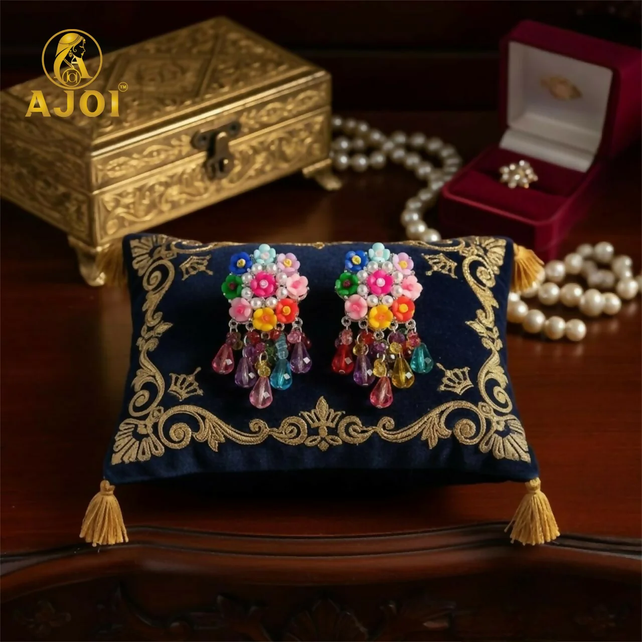 Handcrafted Flower Beads Earrings with Multicolor Crystal Drops – Cute, Vibrant & Trendy. - Image 3