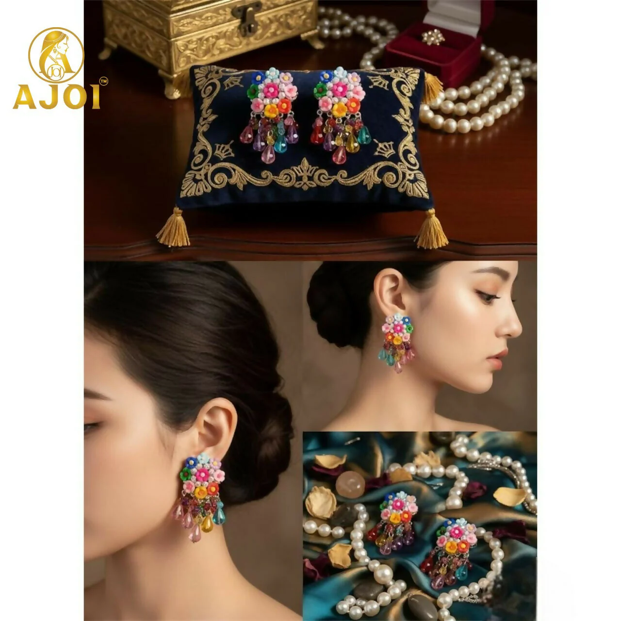 Handcrafted Flower Beads Earrings with Multicolor Crystal Drops – Cute, Vibrant & Trendy. - Image 4