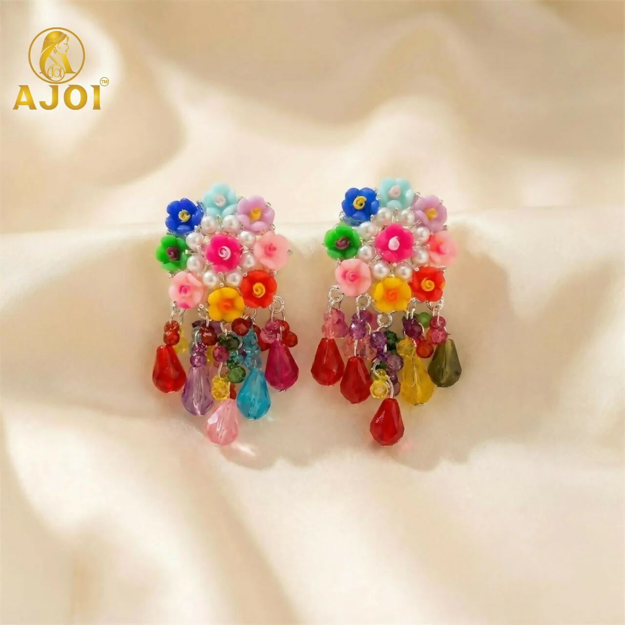 Handcrafted Flower Beads Earrings with Multicolor Crystal Drops – Cute, Vibrant & Trendy. - Image 5