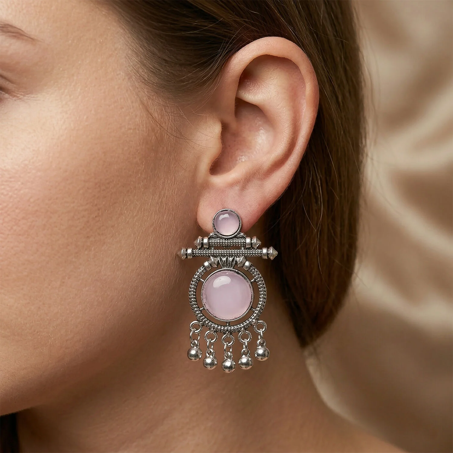 Handcrafted German Silver Pink Stone Earrings | Antique Boho Style Dangle Earrings - Image 2