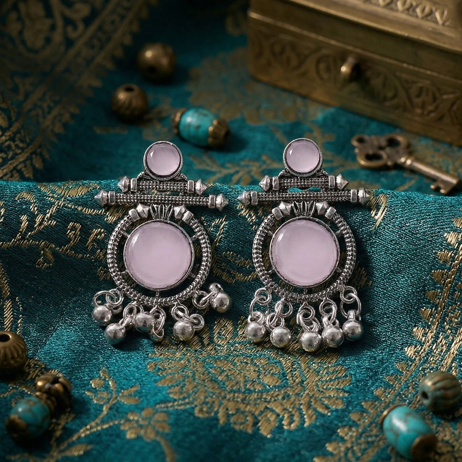 Handcrafted German Silver Pink Stone Earrings | Antique Boho Style Dangle Earrings - Image 3