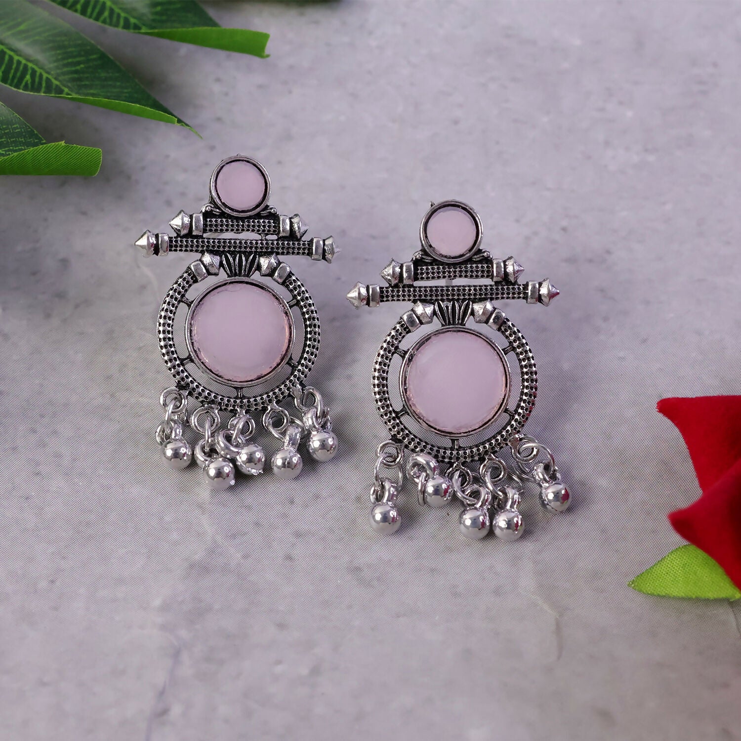 Handcrafted German Silver Pink Stone Earrings | Antique Boho Style Dangle Earrings - Image 4