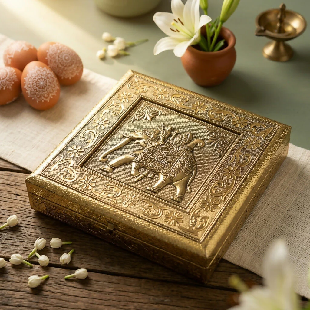 Handcrafted Golden Embossed Elephant Ambari Metal Box