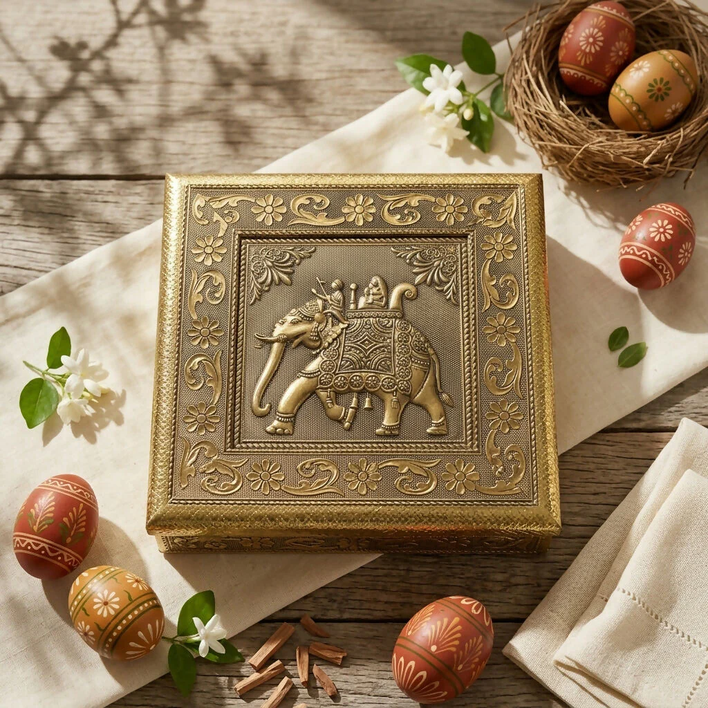 Handcrafted Golden Embossed Elephant Ambari Metal Box - Image 3
