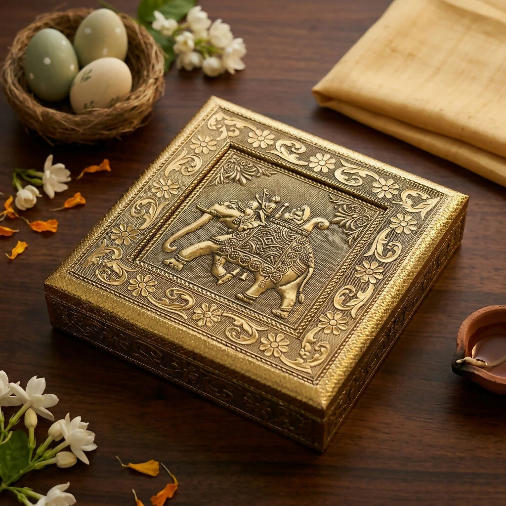 Handcrafted Golden Embossed Elephant Ambari Metal Box - Image 4