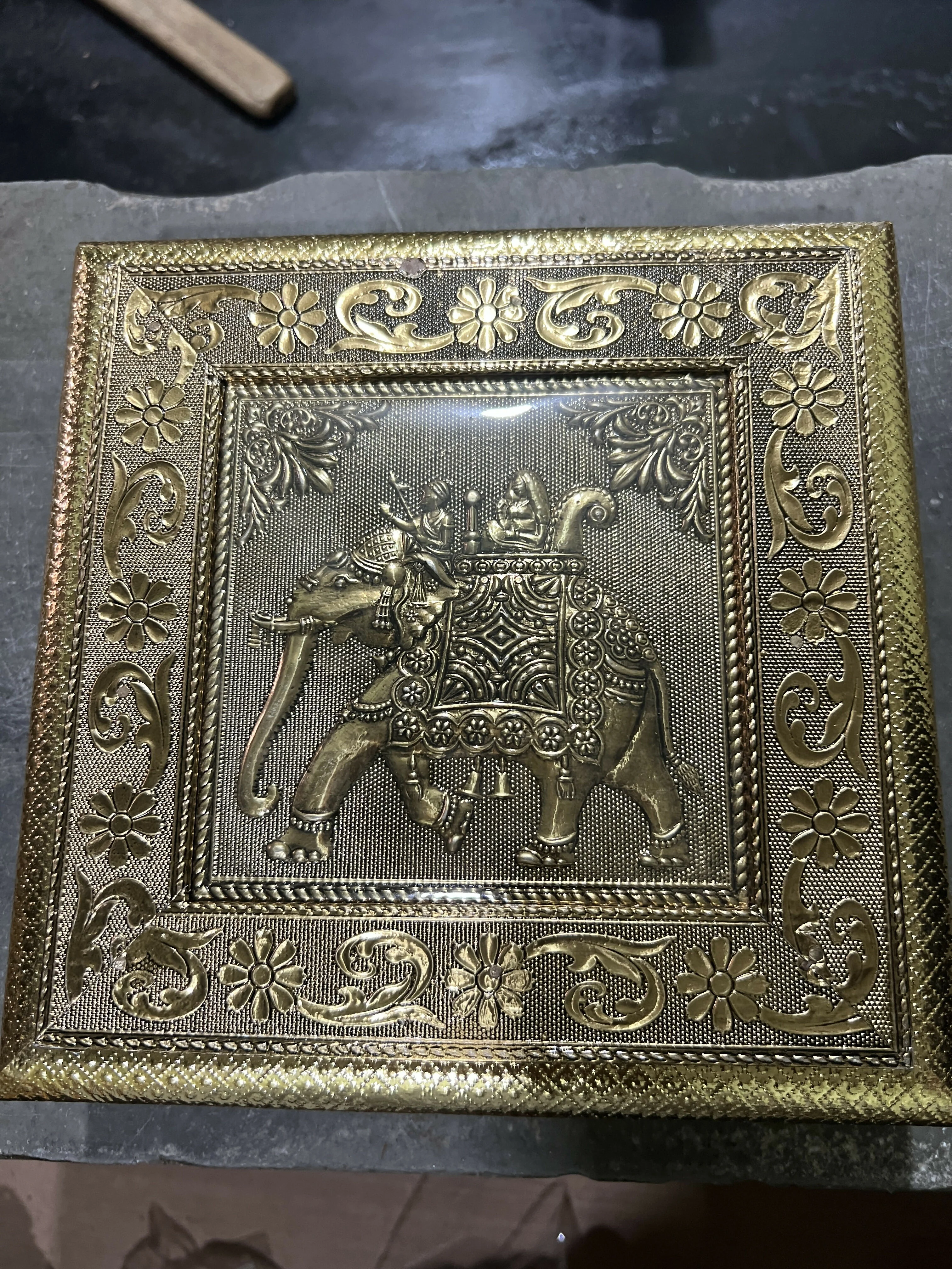 Handcrafted Golden Embossed Elephant Ambari Metal Box - Image 5
