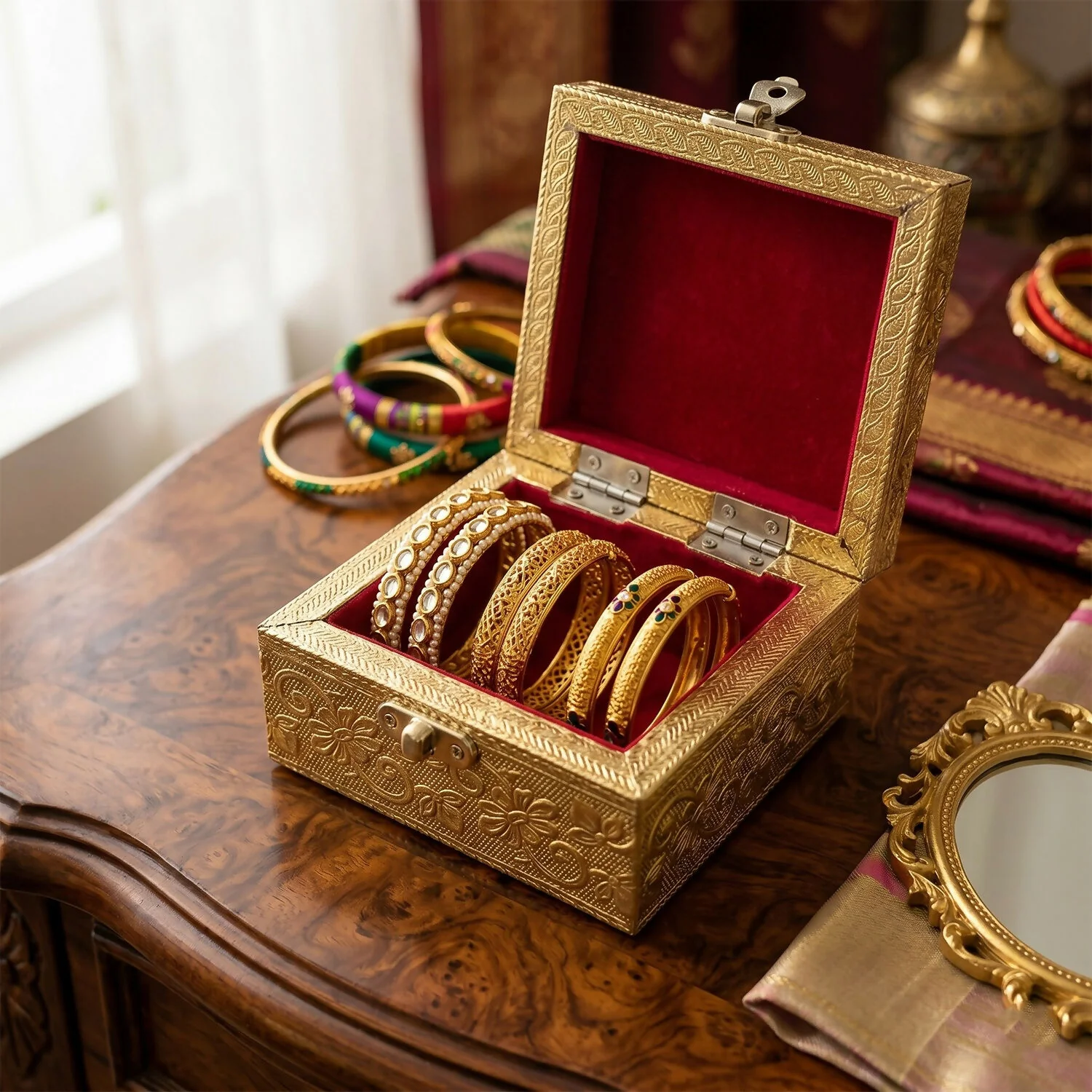 Handcrafted Golden Embossed Elephant Metal Jewelry Box - Image 2