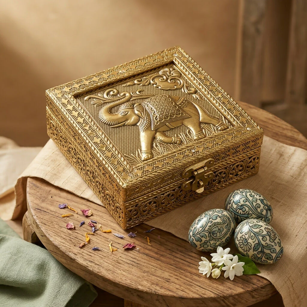Handcrafted Golden Embossed Elephant Metal Jewelry Box - Image 3