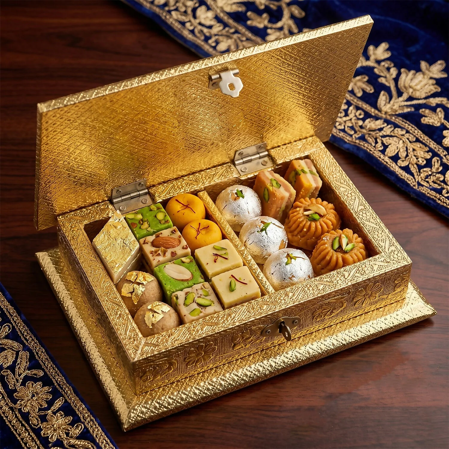 Handcrafted Golden Embossed Floral Design Metal Box - Image 2