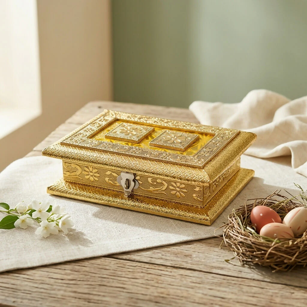 Handcrafted Golden Embossed Floral Design Metal Box - Image 3