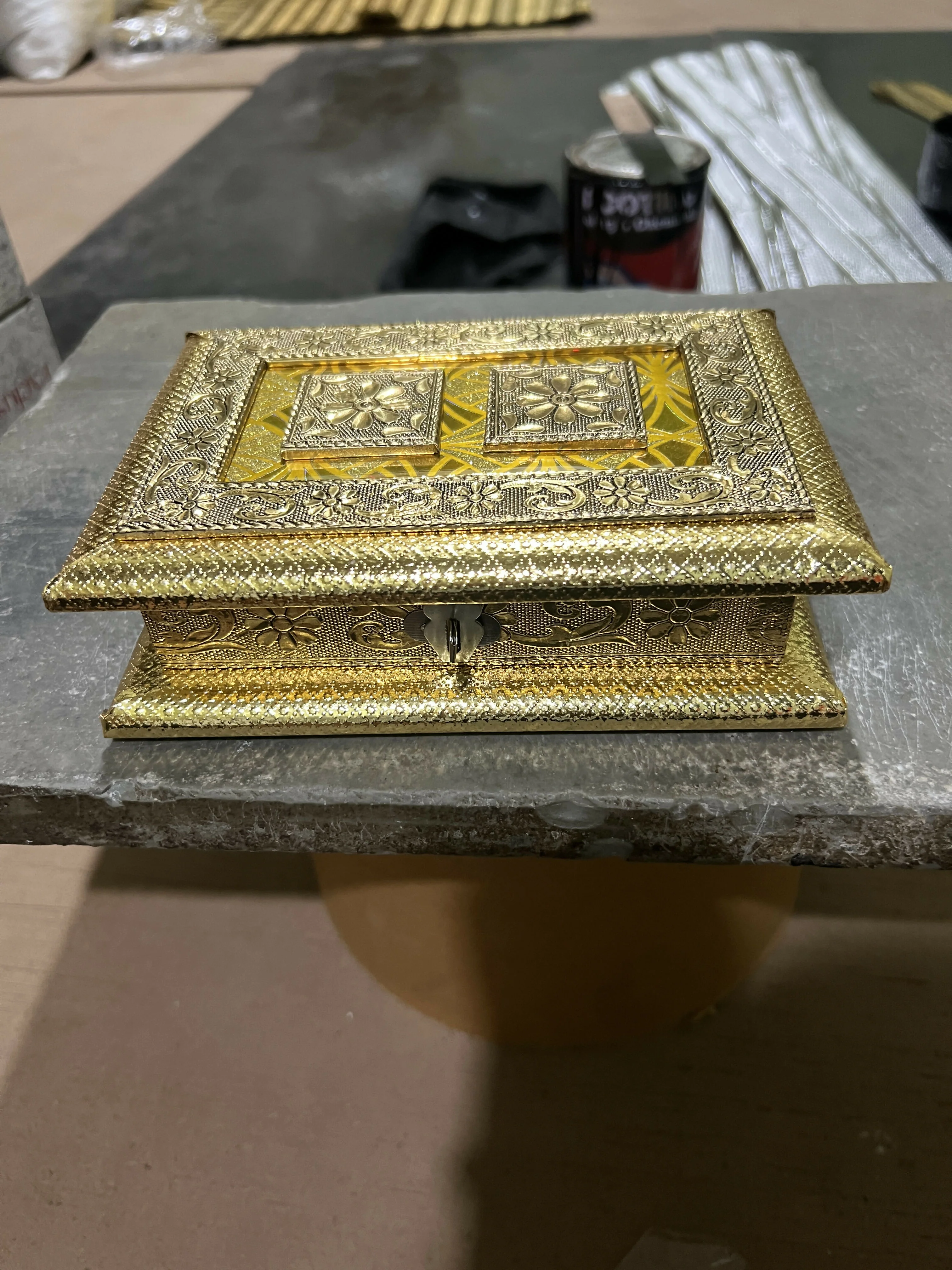 Handcrafted Golden Embossed Floral Design Metal Box - Image 4