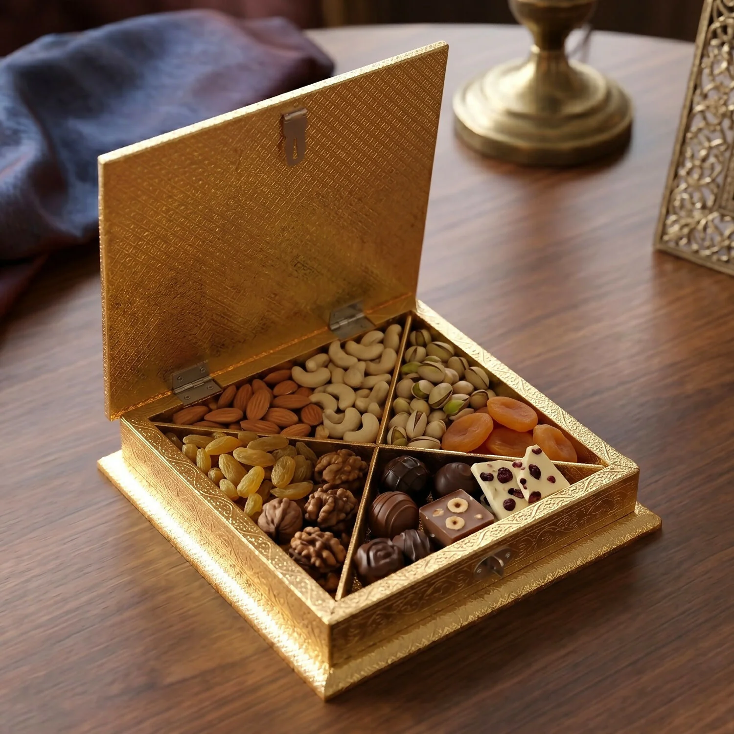 Handcrafted Golden Embossed Floral Design Metal Box - Image 2
